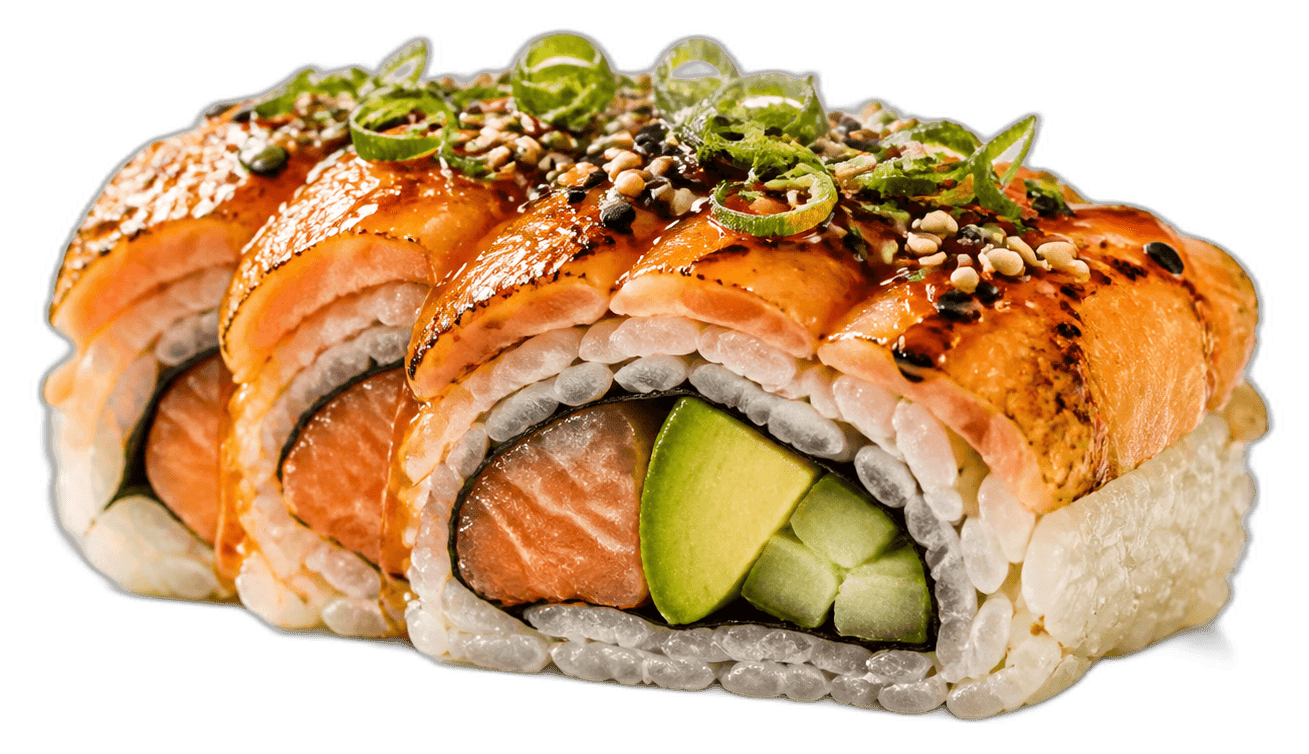Detail flambovaného speciality rollu s lososem, avokádem, sezamem a jarní cibulkou