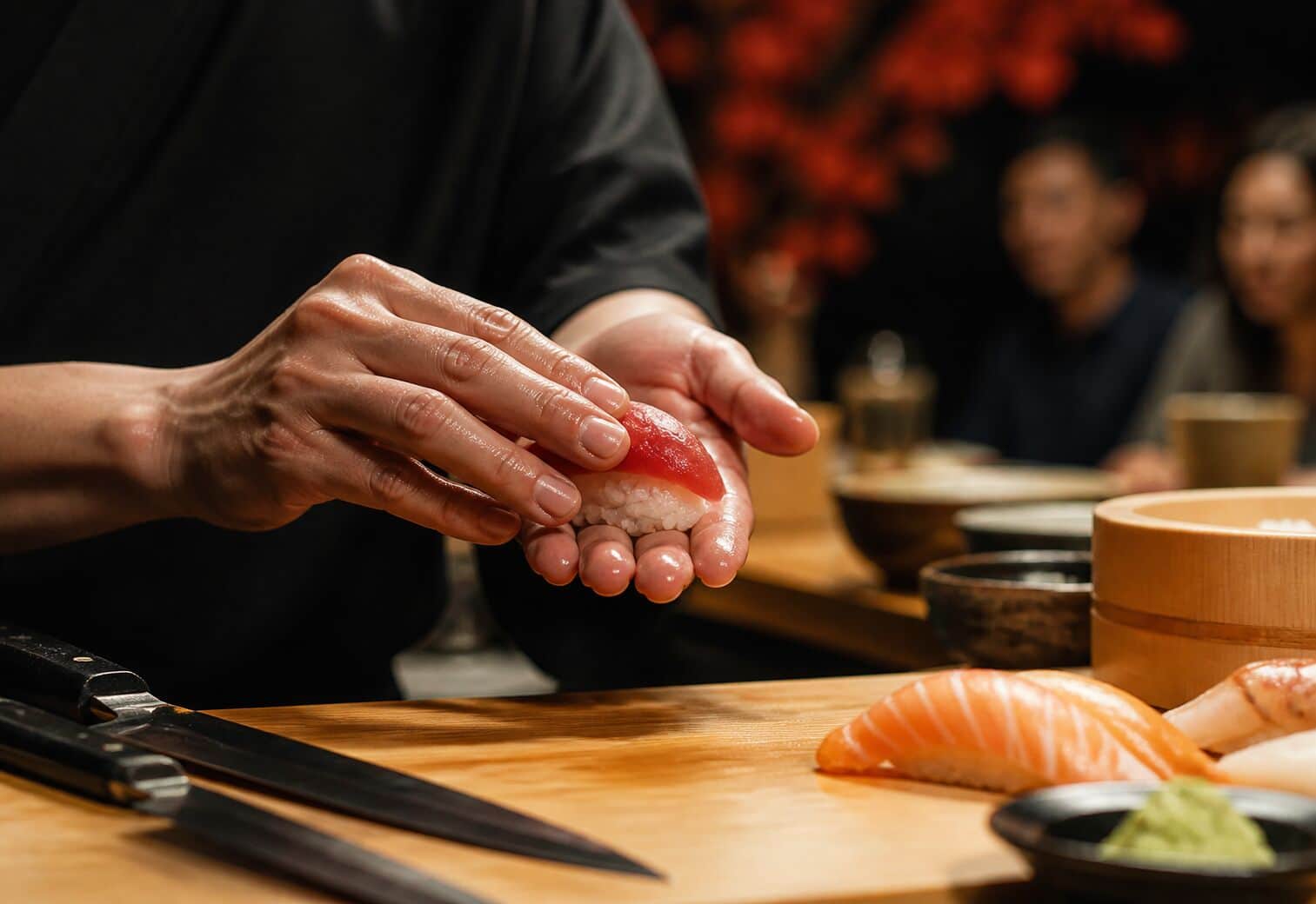 Ruce připravují nigiri pro festivalový program