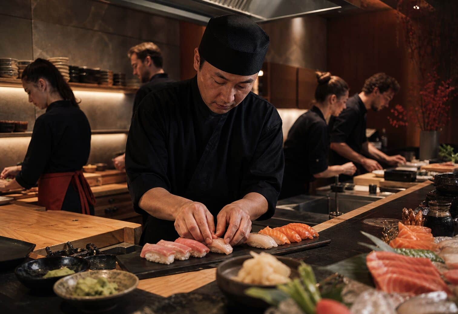 Tým sushi restaurace pracuje v kuchyni