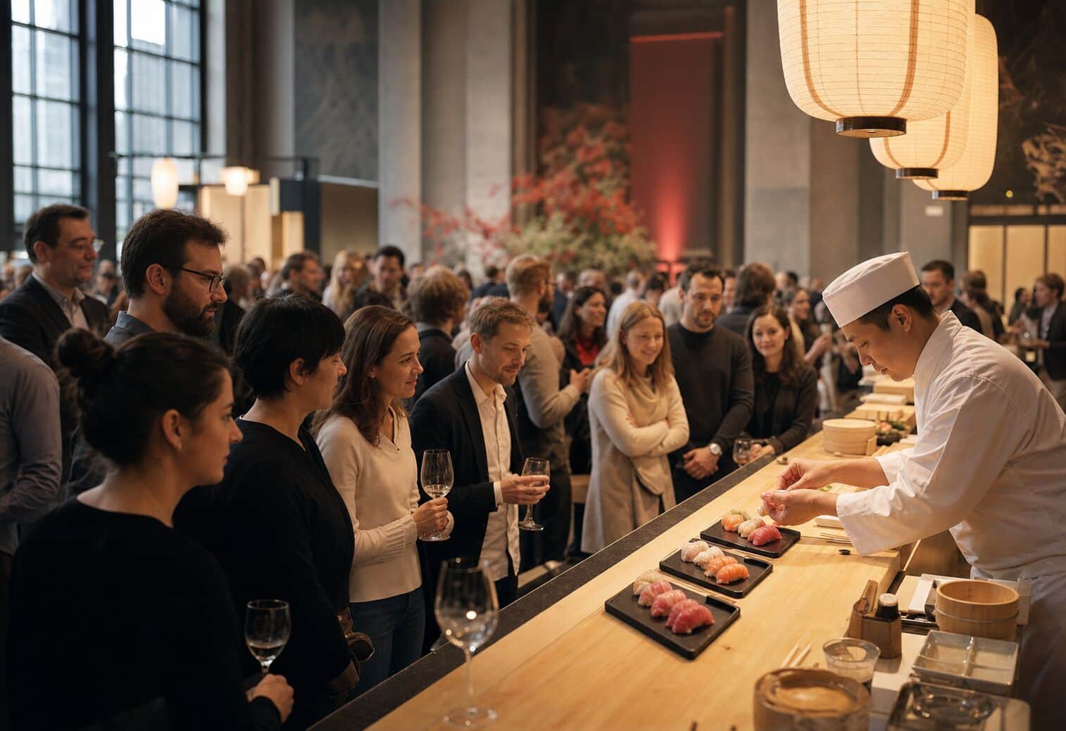 Návštěvníci sledují festivalovou ukázku sushi